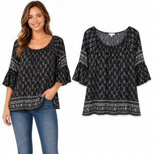 Maurices Boho Floral Peasant Blouse Small Black